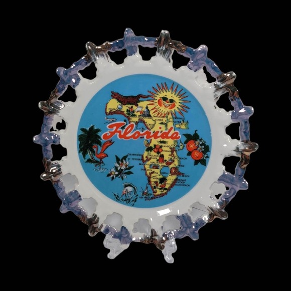 Other - FLORIDA Map Souvenir Ceramic 8" Wall Plate Midcentury Gold Blue Trim Kitsch